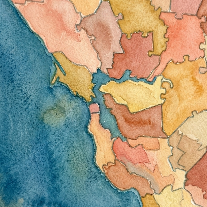 Watercolor map of the San Francisco Bay Area